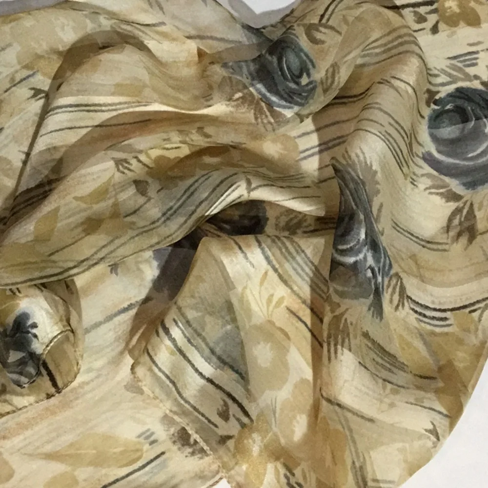 Scarf, silk, sheer and opaque, for neck or headband, colors are grays & gold